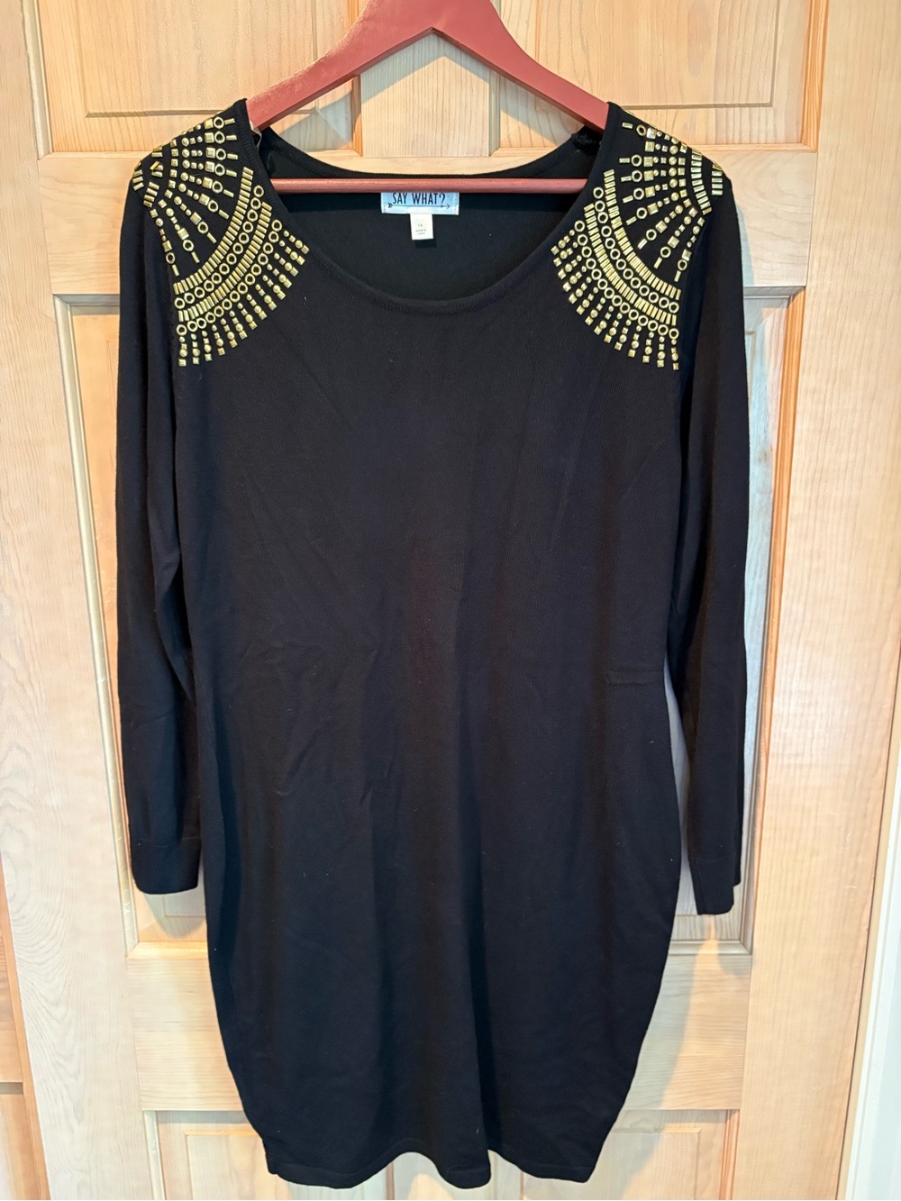 Say What? Black Long Sleeve Tunic with Gold Stud Shoulder Detail